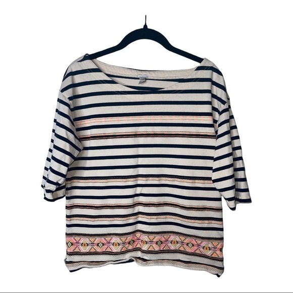 J CREW Navy White Striped 100% Cotton Embroidered Top Size Medium - Picture 3 of 6